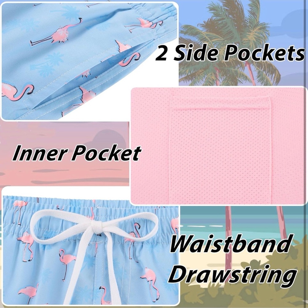 Blue Flamingo Print Swim Trunks with Pink Liner - Picture 3 of 12